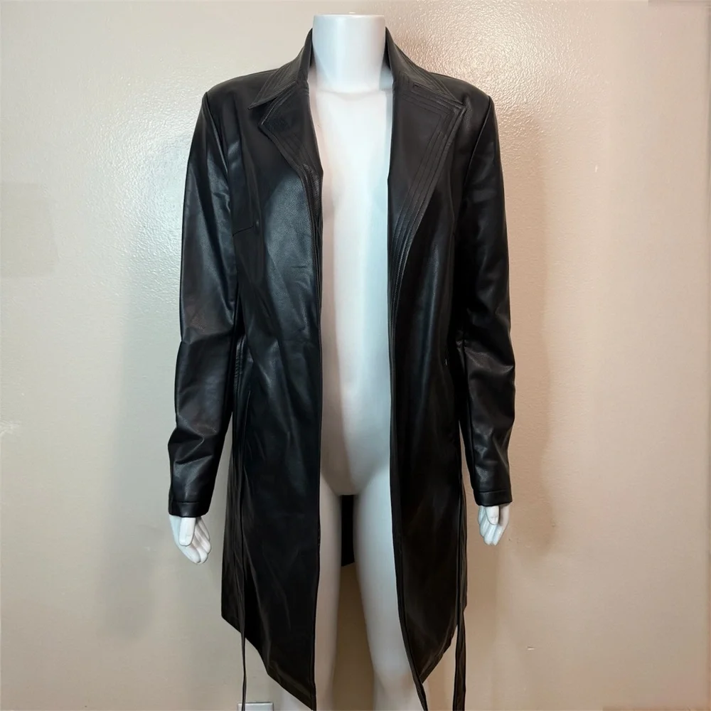 Black faux leather lapel collar belted open front trench coat - Picture 8 of 15